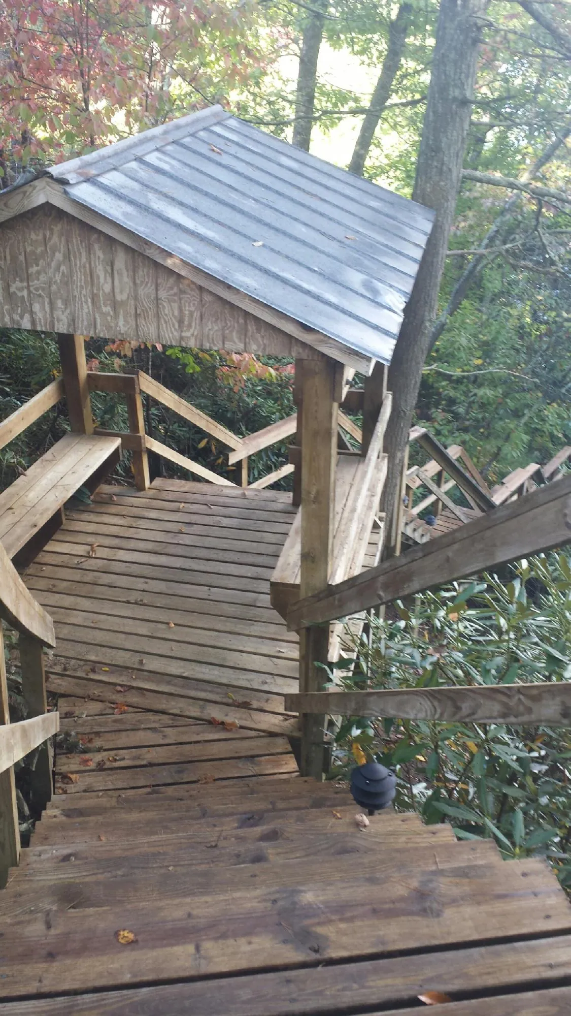 Metal roofed shelter over wooden steps on a wooded walkway — Skylight Repair & Installation work by our crew in Winnebago